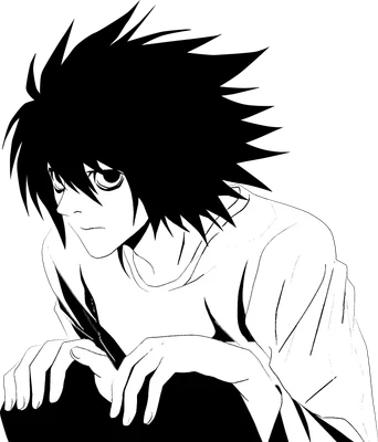 Hình ảnh nhân vật L từ anime Death Note, vẽ theo phong cách đen trắng, tóc đen rối, mắt to tròn, đang ngồi xổm.