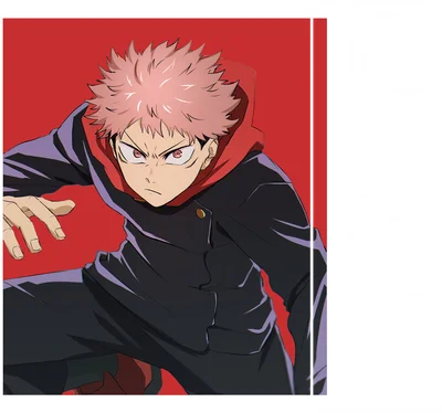 Hình ảnh nhân vật anime Yuji Itadori từ Jujutsu Kaisen với mái tóc hồng, mắt đỏ, mặc áo khoác đen và đỏ, đang trong tư thế hành động.