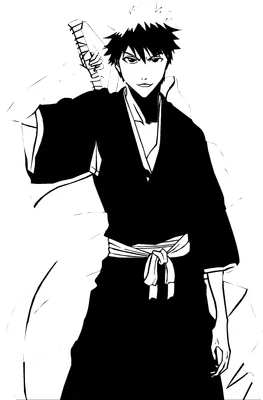 Hình vẽ anime một chàng trai trẻ với mái tóc nhọn, mặc kimono đen, tay cầm thanh kiếm sau lưng.