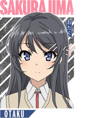 Hình ảnh cô gái anime Mai Sakurajima tóc dài màu xám, mắt tím, mặc đồng phục học sinh, có chữ SAKURAIJIMA và OTKAU.