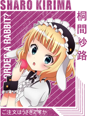 Hình ảnh cô gái anime tóc vàng, đeo băng đô tai thỏ, mặc đồng phục hầu gái, cầm củ cà rốt màu hồng, có chữ tiếng Nhật và tiếng Anh.