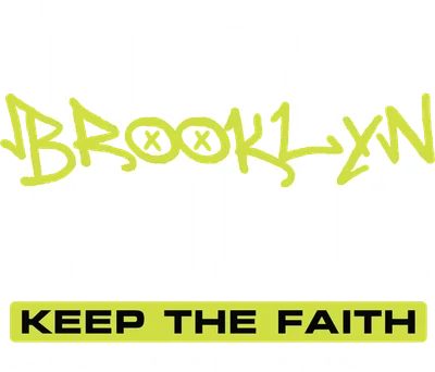 Thiết kế chữ New York và Brooklyn phong cách graffiti màu xanh neon trên nền xám, kèm thông điệp tích cực.