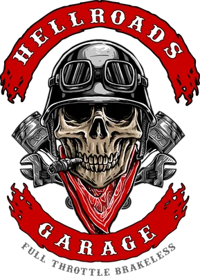 Hình ảnh đầu lâu biker đội mũ bảo hiểm, đeo kính, ngậm xì gà, có cờ bandana đỏ và chi tiết động cơ xe máy.