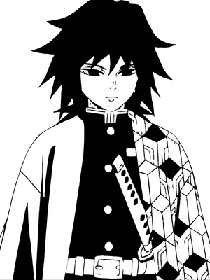 Hình vẽ nhân vật anime Giyu Tomioka với mái tóc đen, trang phục Demon Slayer, biểu cảm bí ẩn.