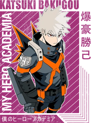 Hình vẽ nhân vật Katsuki Bakugo từ anime My Hero Academia, mặc trang phục anh hùng màu xám, cam, đen.