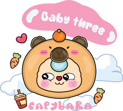Hình vẽ hoạt hình chibi capybara baby dễ thương đội mũ cam, xung quanh có mây, cà rốt, trái tim và chữ Baby three, CAPYBARA.