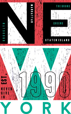 Hình in chuyển nhiệt phong cách retro với chữ 'NEW YORK' và năm '1990', các quận của New York được liệt kê.