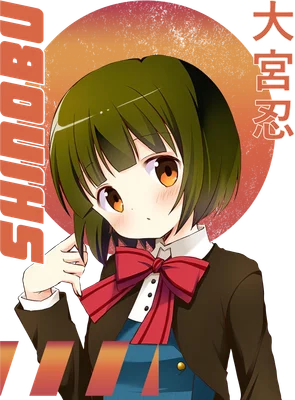 Hình ảnh anime cô gái tóc xanh lá cây, mắt nâu to tròn, đeo nơ đỏ lớn, mặc đồng phục học sinh.