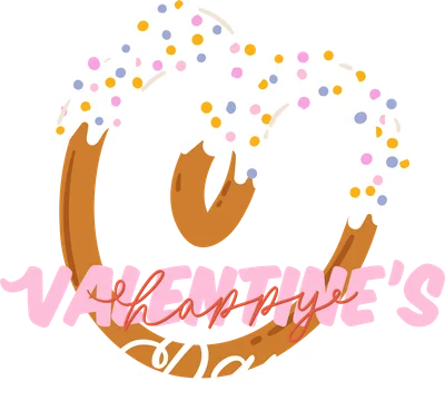 Hình minh họa bánh pretzel phủ kem và kẹo rắc, chữ Happy Valentine's Day màu hồng và trắng trên nền xám.