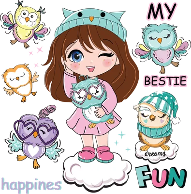 Hình ảnh cô bé hoạt hình dễ thương đội mũ cú, ôm chú cú màu xanh, xung quanh có nhiều chú cú khác với biểu cảm khác nhau.