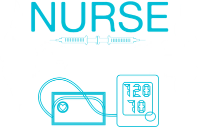 Hình ảnh biểu tượng y tá với chữ NURSE, caduceus, ống nghe và máy đo huyết áp.