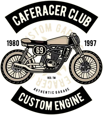 Thiết kế đồ họa xe mô tô Cafe Racer với dòng chữ Caferacer Club và Custom Engine phong cách vintage
