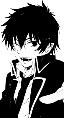 Hình vẽ anime đen trắng một chàng trai trẻ với mái tóc đen rối, mắt một mí nháy, lộ hàm răng sắc nhọn và đang cười.