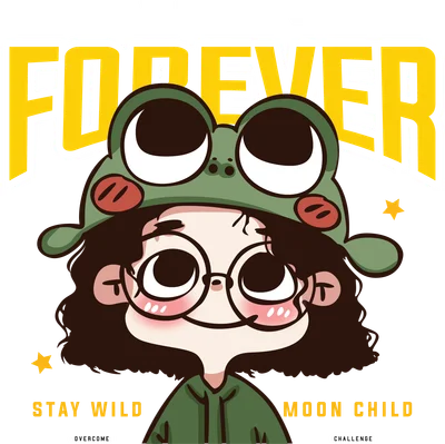 Hình ảnh minh họa cô bé đội mũ ếch, đeo kính, với biểu cảm đáng yêu, có chữ "FOREVER" và "YOUNG" phía trên.