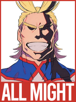 Hình ảnh All Might, nhân vật anime với mái tóc vàng, biểu cảm quyết tâm và bộ trang phục xanh đỏ.