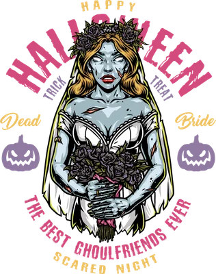 Hình minh họa cô dâu ma cầm bó hoa hồng đen phong cách vintage cho lễ hội Halloween