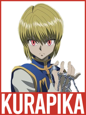 Hình ảnh nhân vật anime Kurapika từ Hunter x Hunter với mái tóc vàng, đôi mắt đỏ và đang cầm xích.