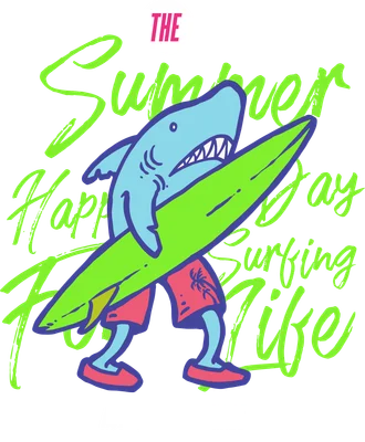 Hình vẽ hoạt hình cá mập màu xanh dương đeo ván lướt sóng màu xanh neon, với chữ 'Summer Happy Day Surfing Life' trên nền xám.