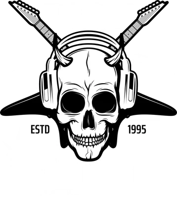 Hình minh họa đầu lâu sừng quỷ đeo tai nghe, hai cây guitar chéo, lửa và tia sét, chữ Hard Rock Festival.
