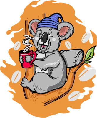 Hình vẽ gấu Koala đội mũ ngủ màu xanh, ngồi trên cành cây, tay cầm cốc cà phê đỏ bốc hơi.