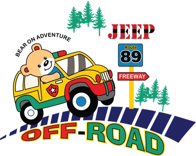 Hình ảnh hoạt hình gấu lái xe địa hình màu vàng, đỏ, xanh lá cây, có biển báo 'JEEP Route 89 FREEWAY' và cây thông.
