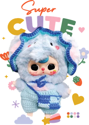 Hình ảnh nhân vật hoạt hình dễ thương mặc đồ voi xanh, có chữ Super CUTE và các họa tiết trang trí nhỏ trên nền xám.