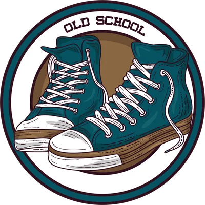 Hình vẽ đôi giày sneaker cổ điển màu xanh teal với dây trắng, có chữ "OLD SCHOOL" phía trên.