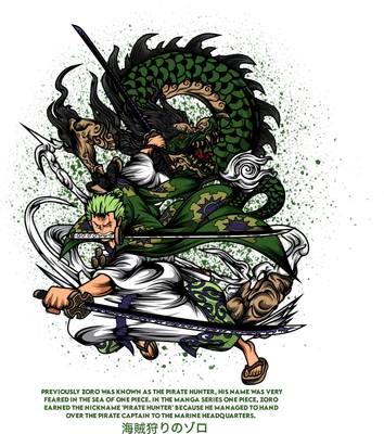 Hình ảnh Roronoa Zoro từ One Piece chiến đấu với một con rồng xanh khổng lồ, tay cầm kiếm.