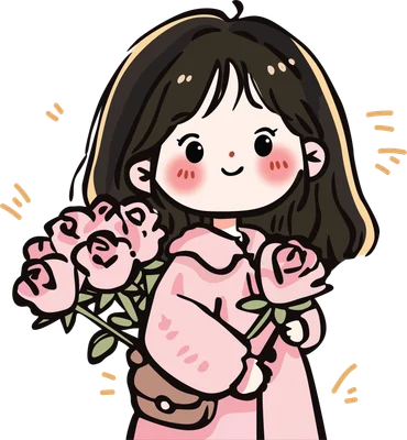 Hình vẽ cô gái chibi tóc nâu, má hồng, mặc áo hồng, tay cầm bó hoa hồng