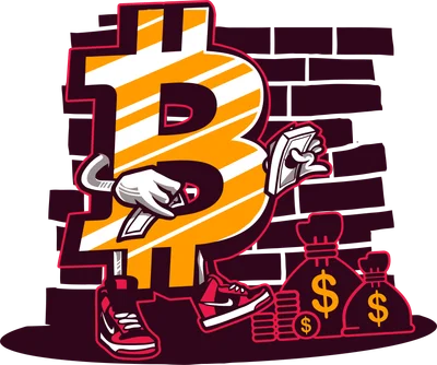 Hình vẽ biểu tượng Bitcoin nhân cách hóa, mặc giày thể thao, cầm tiền và đứng cạnh túi tiền, trên nền gạch.