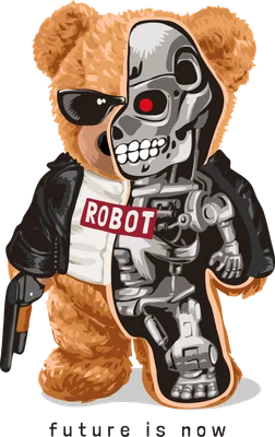 Hình minh họa gấu bông nửa người nửa robot phong cách Terminator, đeo kính đen, áo khoác da, cầm súng, trên nền xám.