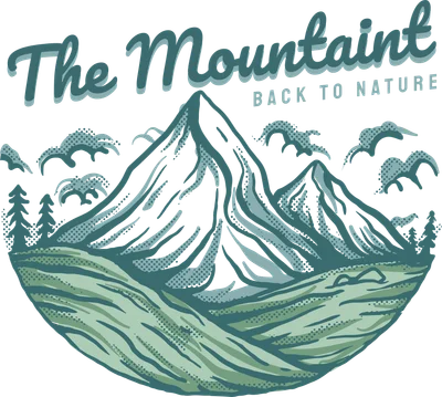 Hình minh họa núi non hùng vĩ với cây cối và mây, phong cách retro, có chữ 'The Mountain BACK TO NATURE'.