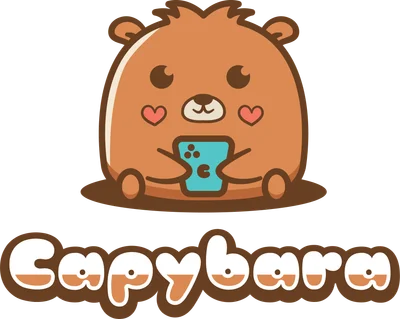 Hình vẽ capybara hoạt hình màu nâu dễ thương đang ngồi chơi game với tay cầm màu xanh, có chữ Capybara bên dưới.