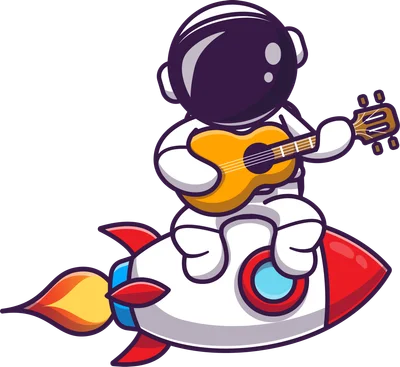 Hình ảnh phi hành gia mặc đồ vũ trụ, ngồi trên tên lửa và chơi đàn guitar, phong cách hoạt hình dễ thương.