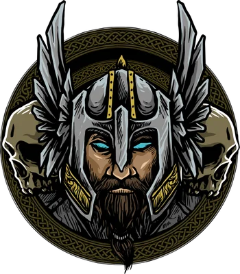 Hình ảnh chiến binh Viking đội mũ sắt có cánh, hai bên có đầu lâu, nền tròn họa tiết cổ điển.