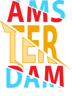 Hình in chữ AMSTERDAM lớn với hiệu ứng cắt ghép, màu đỏ, xanh dương, vàng trên nền xám. Có chữ WESLAND và FRIESLAND.