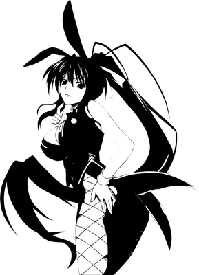 Hình vẽ anime cô gái tai thỏ, mặc trang phục đen, lưới cá, tóc đen dài, phong cách gợi cảm.