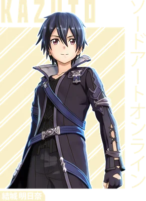 Nhân vật Kirito từ Sword Art Online, mặc trang phục đen xanh, tóc đen, nhìn thẳng với nụ cười nhẹ.