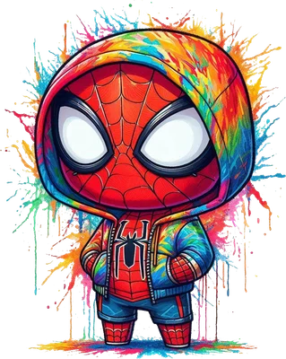 Spider-Man chibi áo hoodie tie-dye đầy màu sắc, phong cách hoạt hình vui nhộn