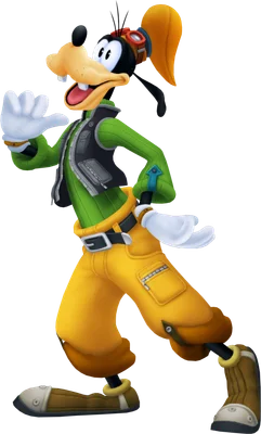 Hình ảnh nhân vật Goofy của Disney trong trang phục màu xanh lá và vàng, đang bước đi và vẫy tay, với nụ cười rạng rỡ.