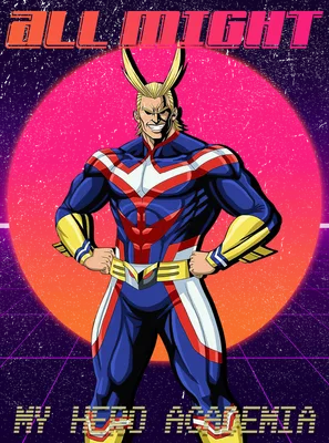 Hình ảnh All Might, nhân vật anime My Hero Academia, trong bộ trang phục anh hùng màu xanh, đỏ, trắng, vàng, với nền tròn màu hồng và lưới retro.