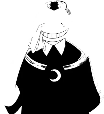 Hình vẽ nhân vật Thầy giáo Koro (Koro-sensei) từ anime Ansatsu Kyoushitsu, mặt cười rộng, tay che miệng, đội mũ tốt nghiệp.
