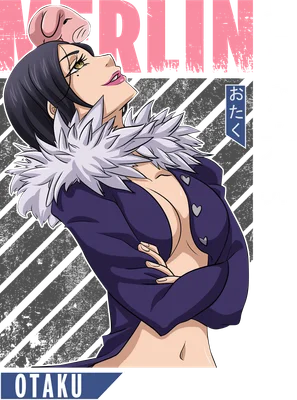 Hình ảnh Merlin The Seven Deadly Sins với biểu cảm quyến rũ, đội mũ lợn, mặc áo khoác tím lông trắng.