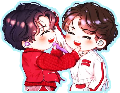 Hình vẽ chibi hai nhân vật nam ôm nhau, một người mặc áo đỏ, người kia mặc áo trắng có sọc đỏ, cả hai đều cười tươi.