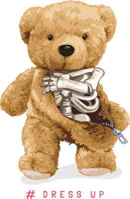 Hình ảnh gấu Teddy màu nâu với khóa kéo mở ra để lộ bộ xương sườn và xương cánh tay, có chữ # DRESS UP.