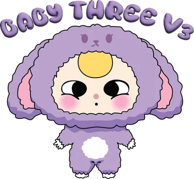 Hình ảnh hoạt hình bé dễ thương mặc bộ đồ thỏ màu tím, có chữ BABY THREE V3