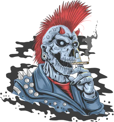 Hình minh họa bộ xương phong cách punk đội tóc giả đỏ, đeo khuyên tai, hút thuốc lá, mặc áo khoác đinh tán.
