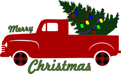 Hình ảnh xe tải đỏ chở cây thông Noel trang trí đèn, có chữ Merry Christmas