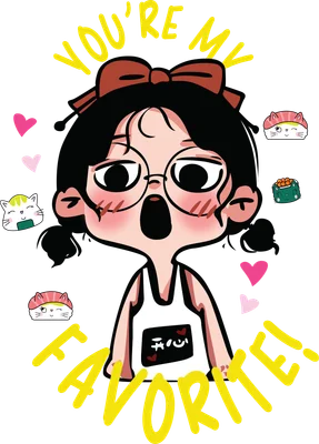 Hình ảnh minh họa cô gái đeo kính, tóc hai bím, mặc áo yếm có chữ '开心', xung quanh có sushi mèo và trái tim màu hồng.