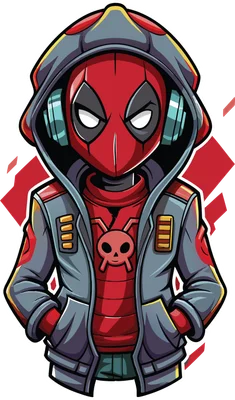 Hình vẽ Deadpool mặc áo hoodie, đội tai nghe, đeo kính, với biểu tượng đầu lâu thỏ trên áo.